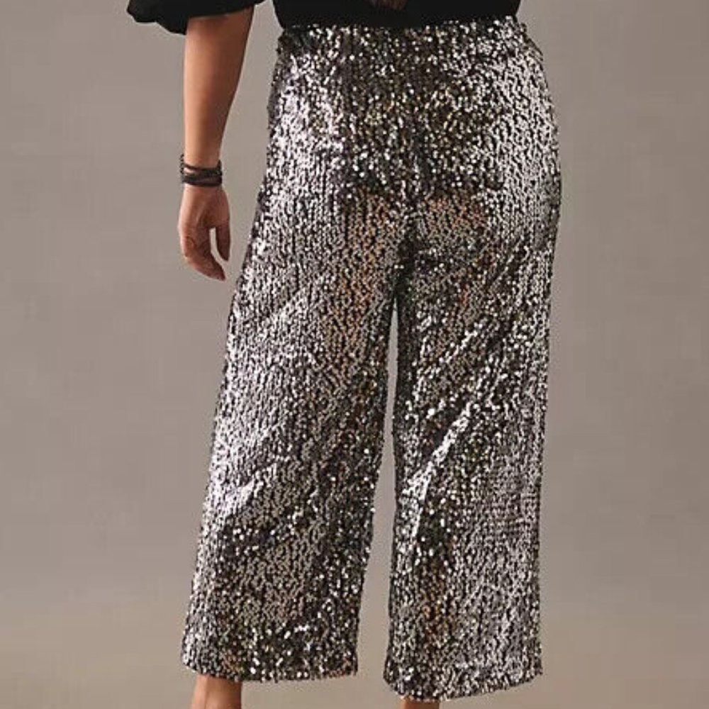 Anthropologie Silver Sequin Wide-Leg Pants - Picture 7 of 9